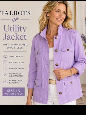 Talbots Womens 1X Lavender 100% Cotton Utility Jacket Button Front 4 Pockets